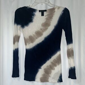 INC International Concepts Women's Tie-Dye Top - Navy, White and Taupe